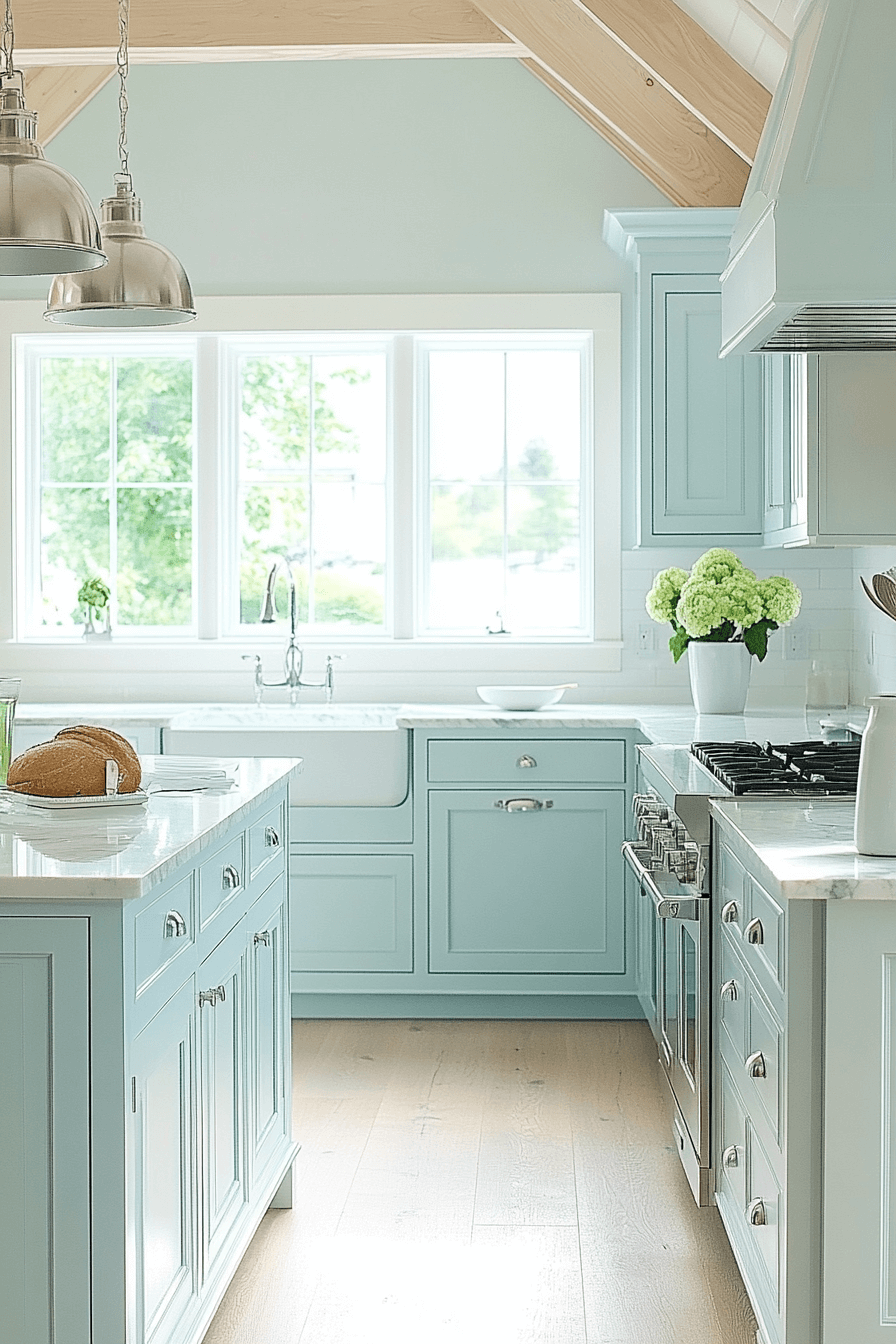 blue and white kitchen cabinets