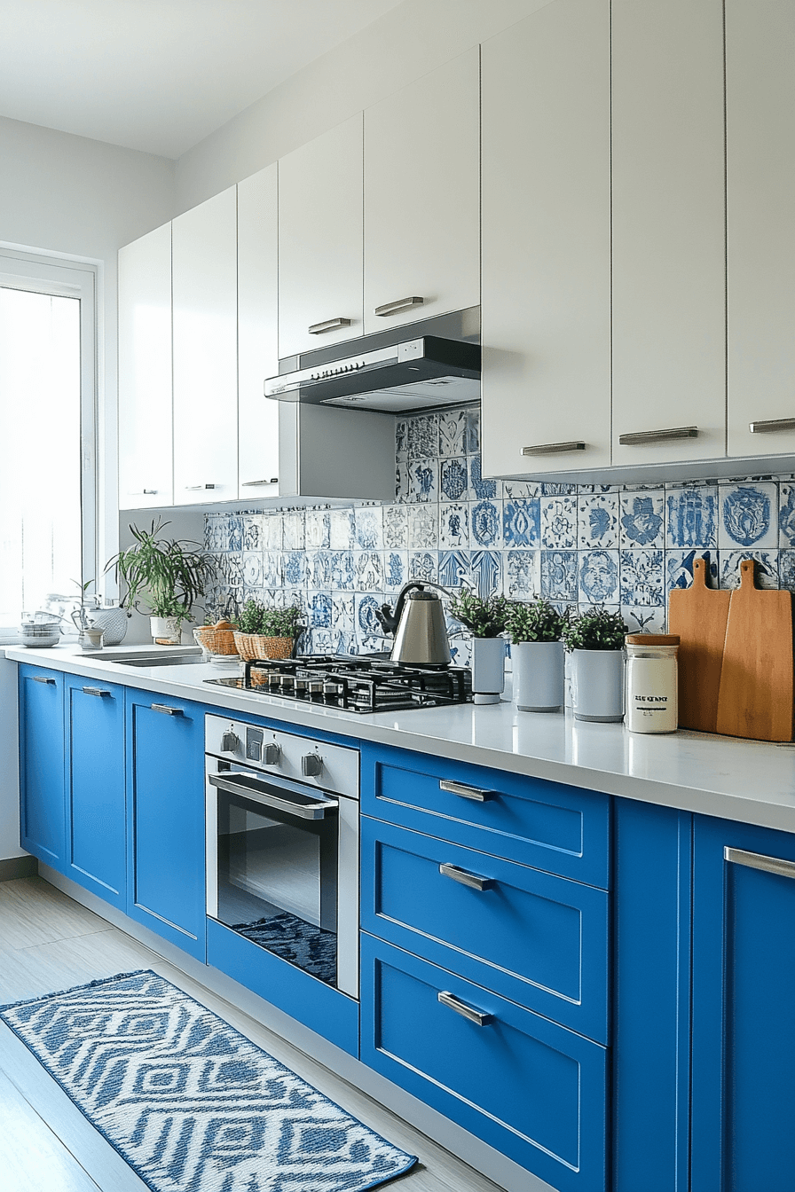 blue and white kitchen cabinets