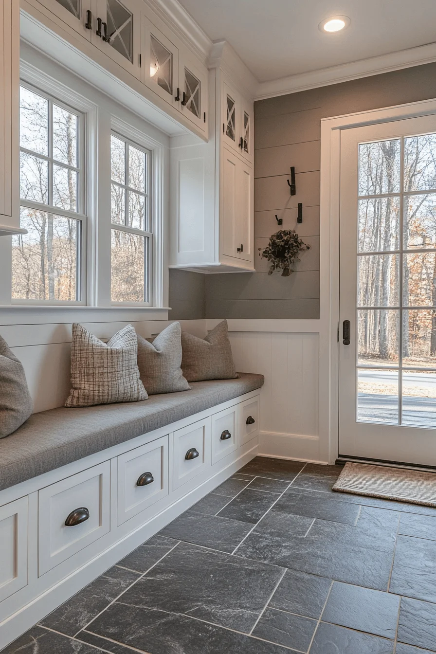 Functional minimalist mudroom entry