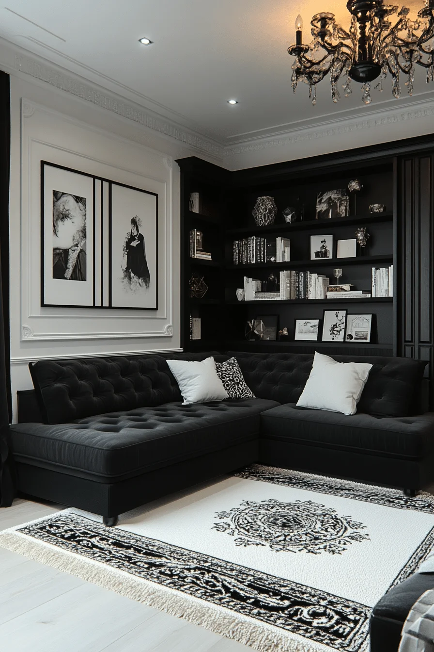 Bold black and white contrast living room