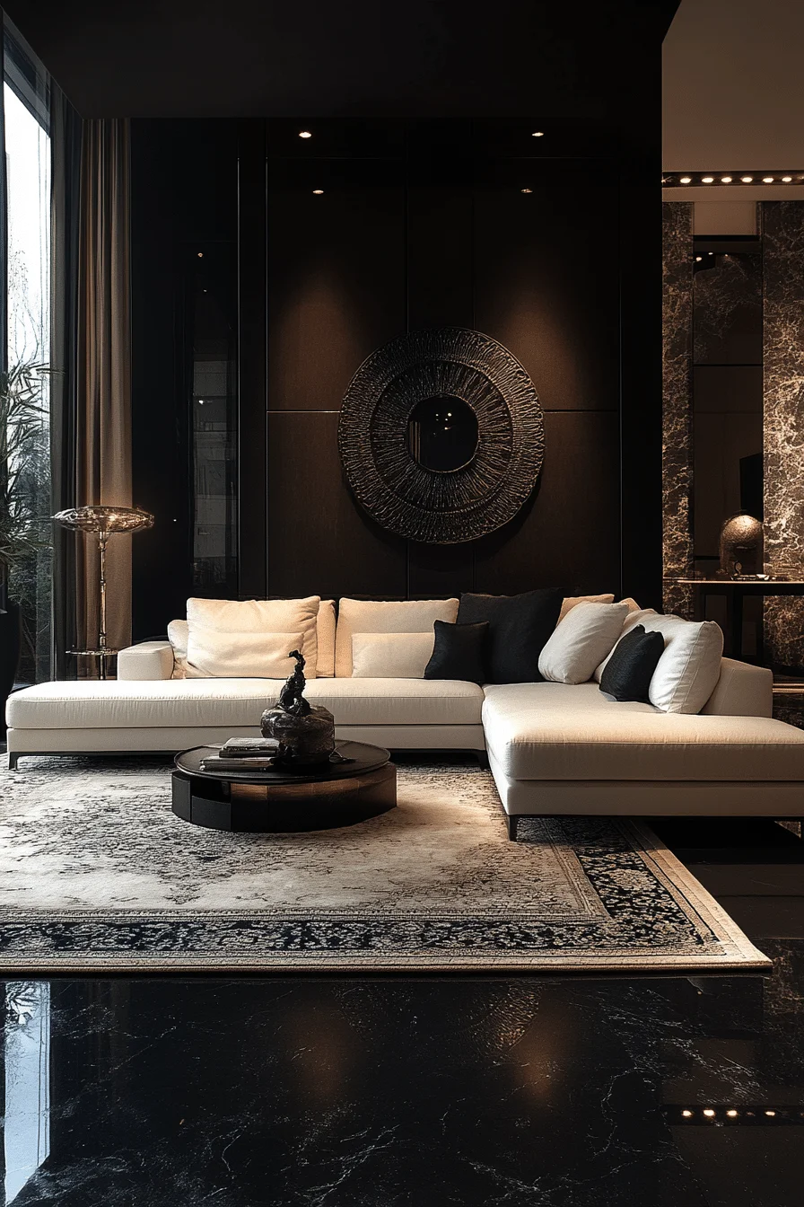 Dramatic black and white living room