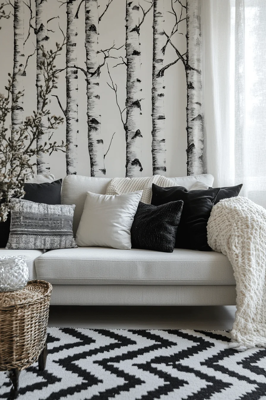 Whimsical black and white living room