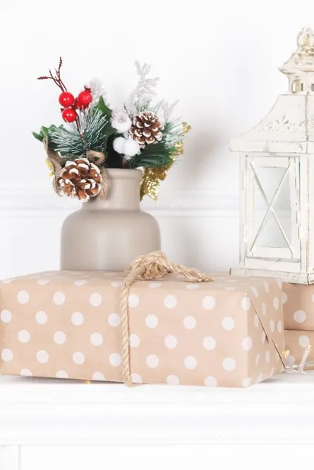 Presents wrapped in kraft paper with twine