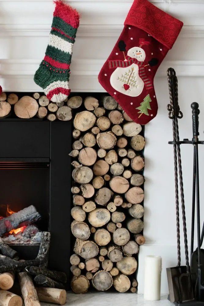 Birch logs arranged on mantel