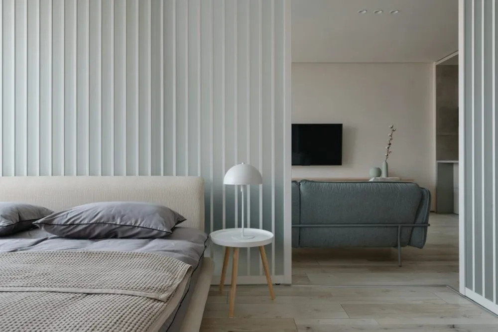 Minimalist bedroom with vertical slats