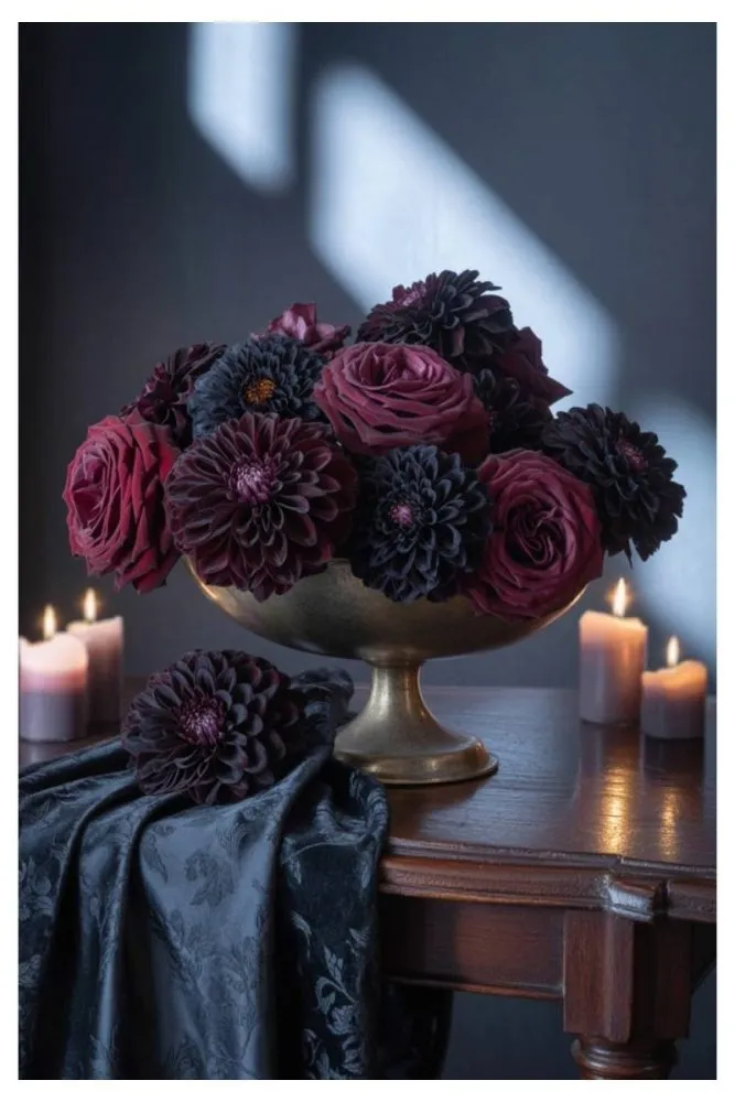 Black Dahlia and Burgundy Rose Bowl