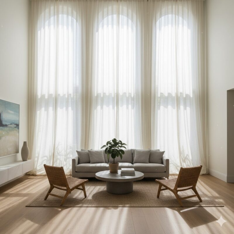 Elegant curtains hung high and wide