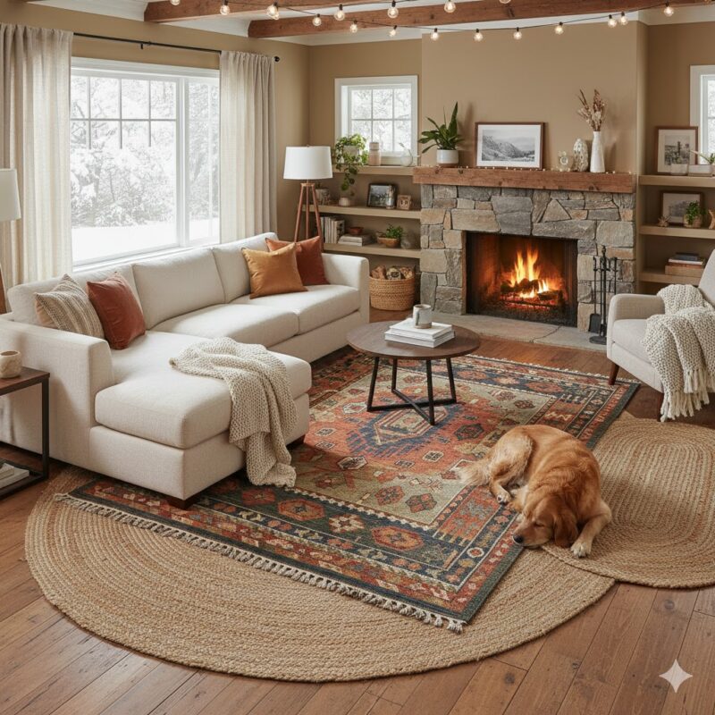Layered rugs in a cozy living room