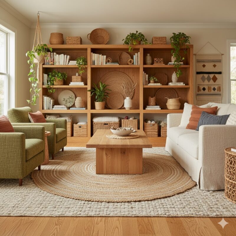 Wooden furniture in earthy living room