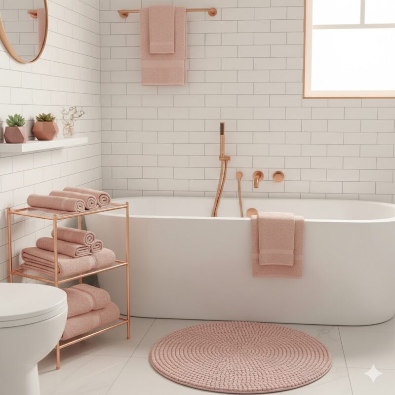 Pink towels and accessories in bathroom