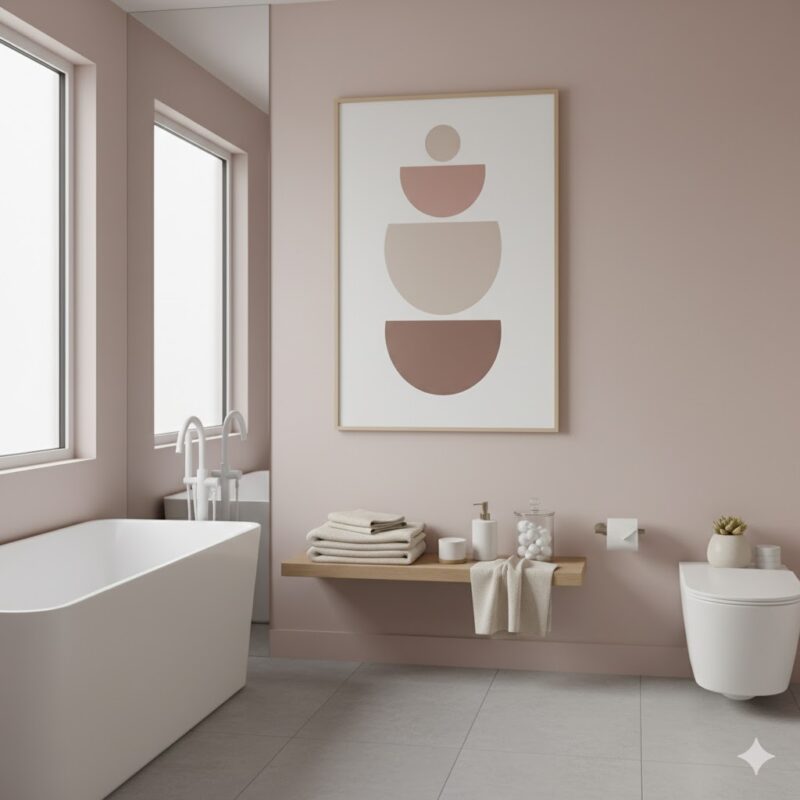 Pink accents in bathroom art and textiles