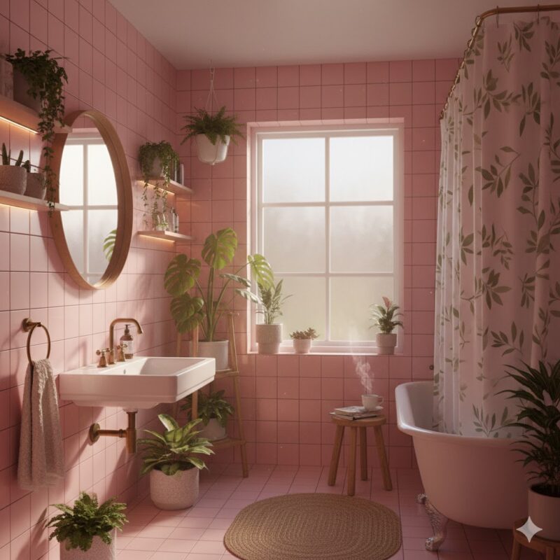 Green plants complementing pink bathroom