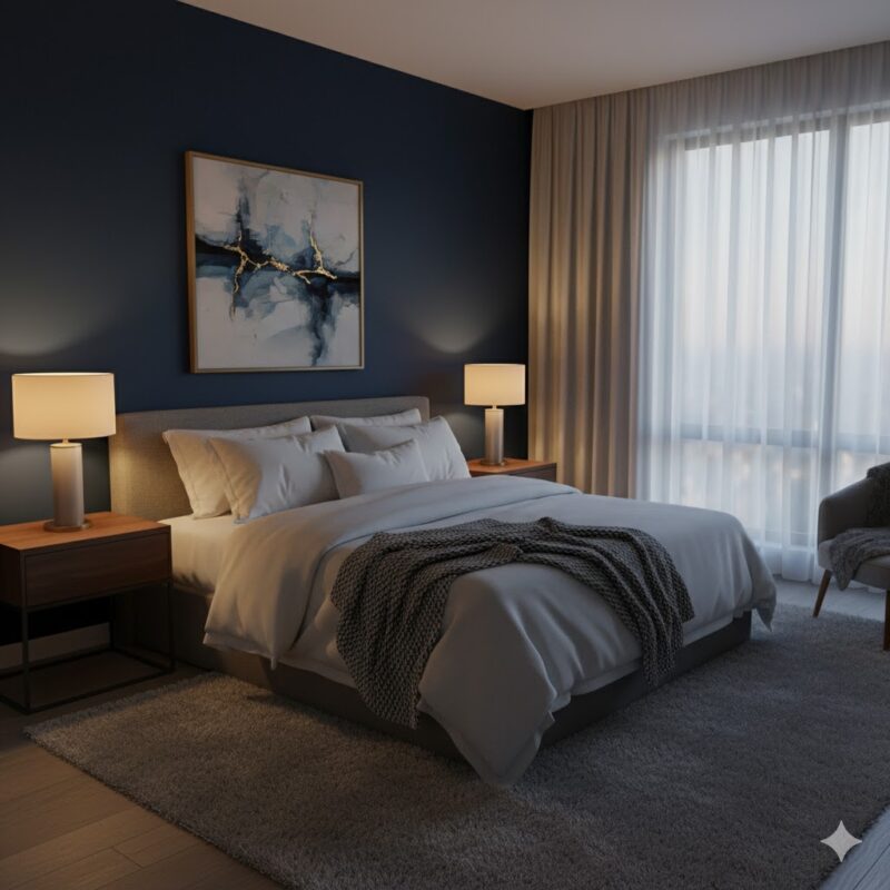 Moody bedroom with dark walls