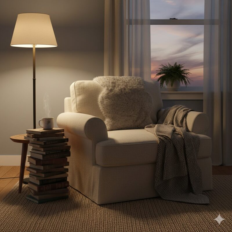 Cozy reading corner with lamp