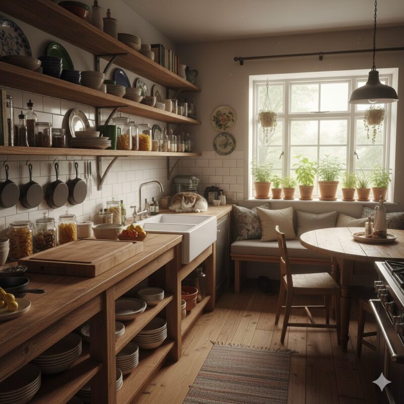 Lived-in kitchen with open shelves
