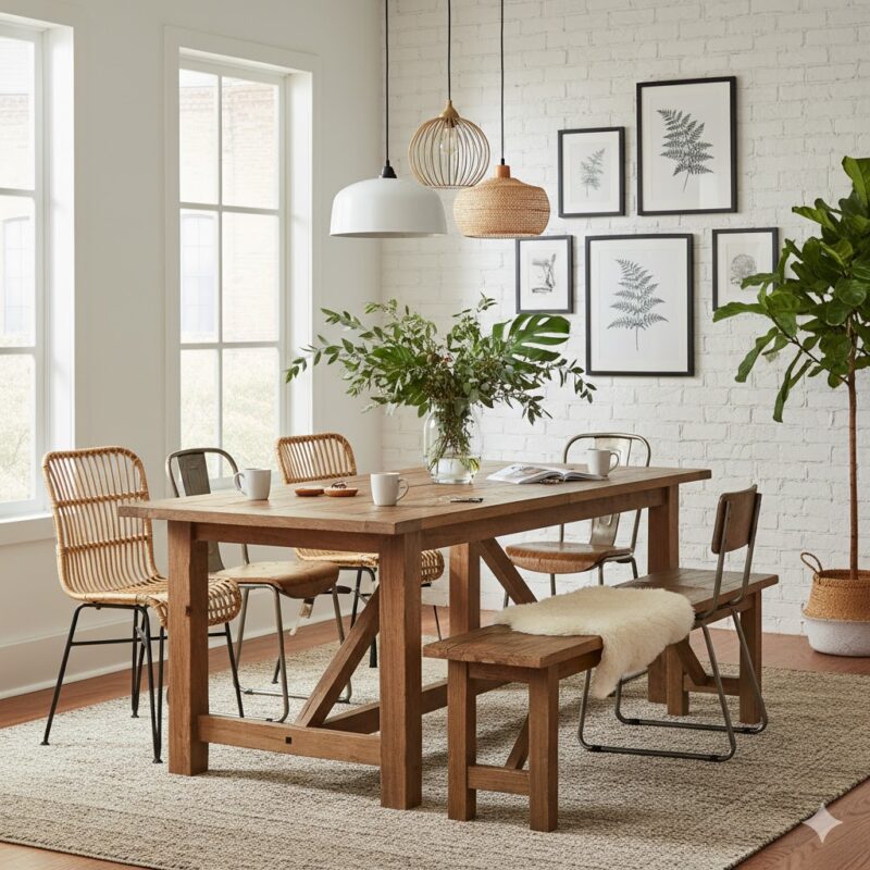 Warm dining space with wooden table