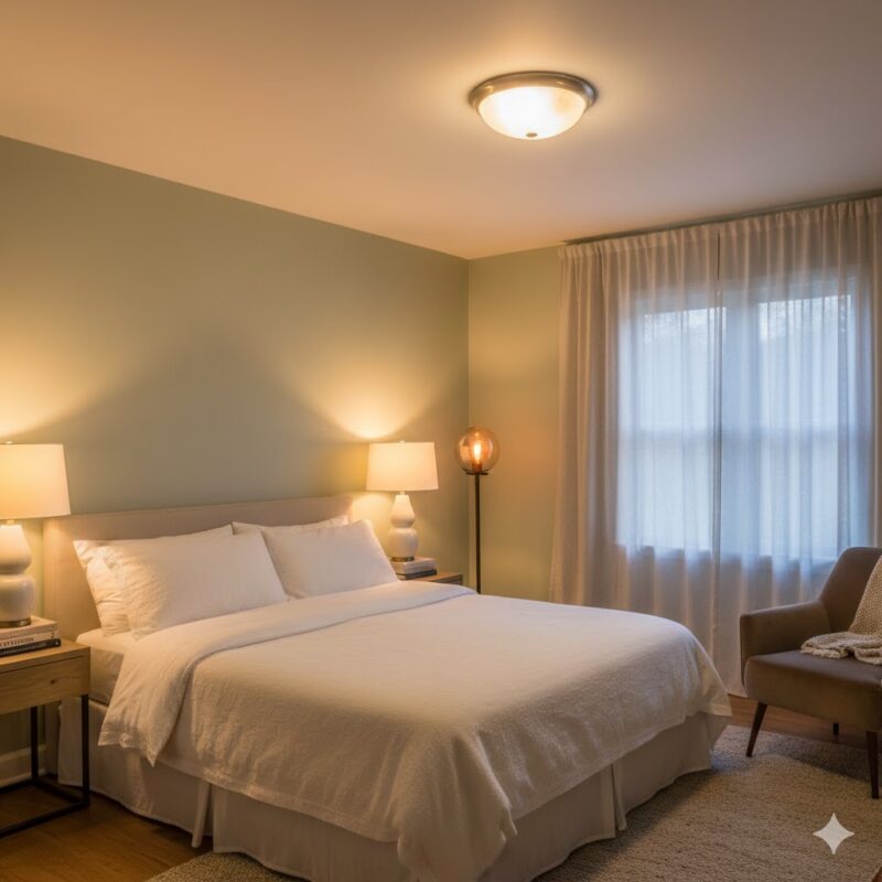 Layered lighting in guest room