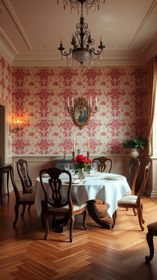 Dining room with vintage rose wallpaper and wooden furniture