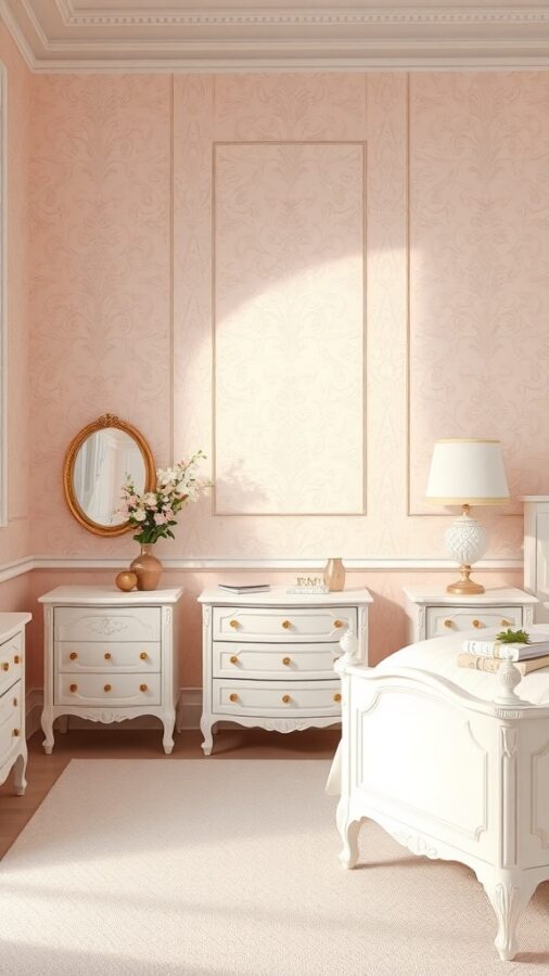 Serene bedroom with soft blush pink wallpaper and elegant white furnishings