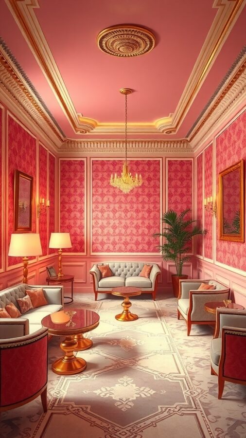 Elegant room with pink Art Deco wallpaper and luxurious furnishings