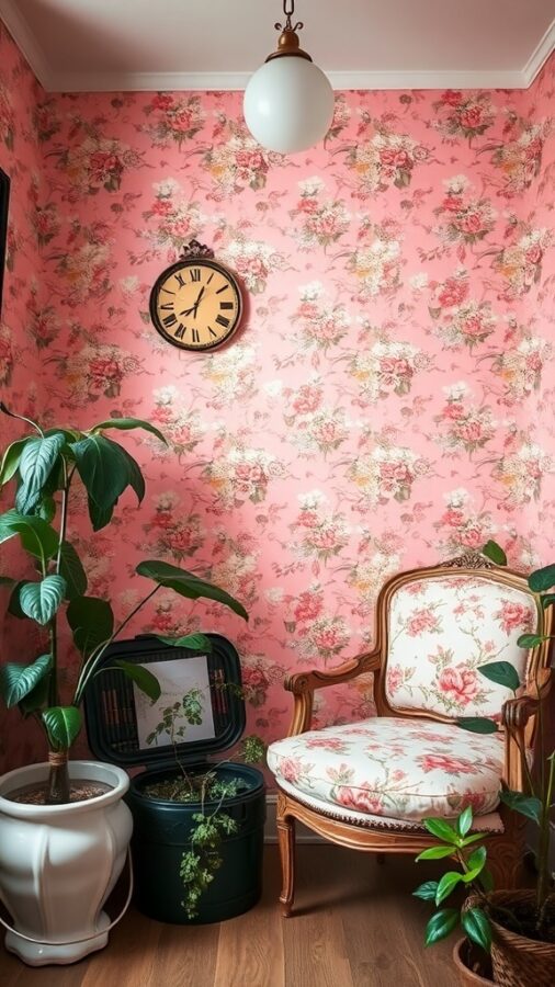 Cozy nook with pink floral wallpaper and vintage furniture