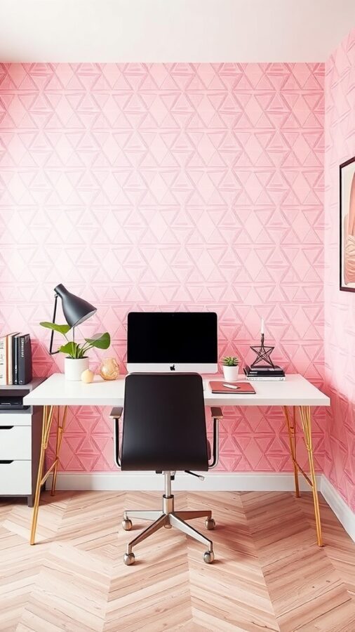 Modern office with pink geometric wallpaper and minimalist furniture