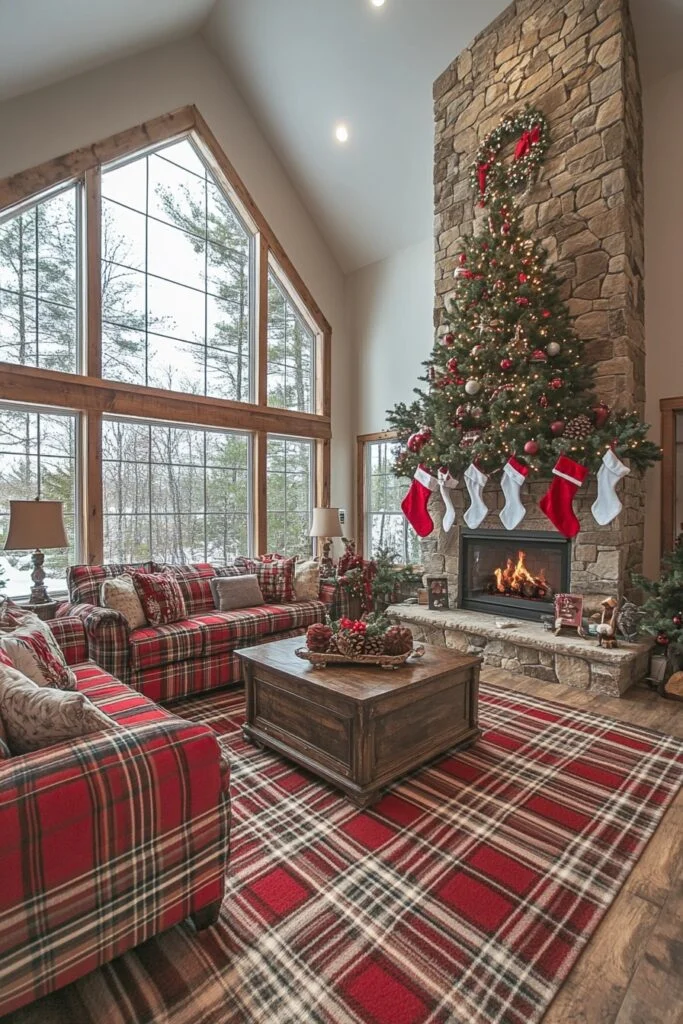 Rustic Plaid and Pine Family Room