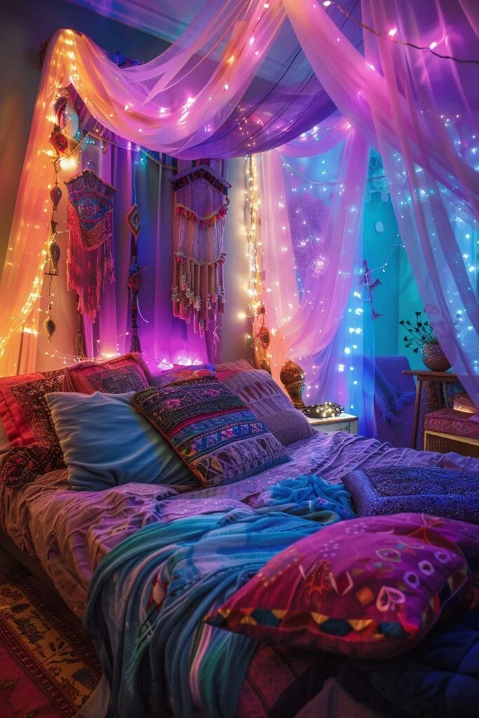 boho bedroom with curtain lights