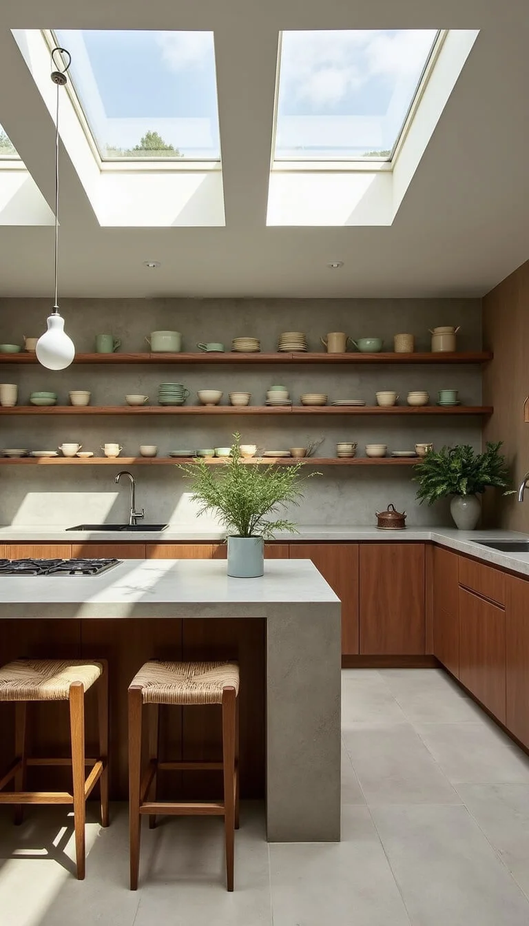 Minimalist coastal kitchen with walnut cabinets, soapstone countertops, stone backsplash, and rattan bar stools illuminated by mid-morning skylight.
