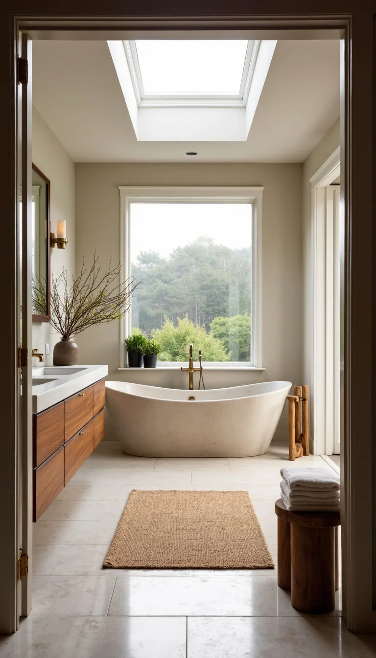 Serene coastal bathroom with stone soaking tub beneath skylight, pale limestone surfaces, floating walnut vanity, brass fixtures, and natural decor accents.