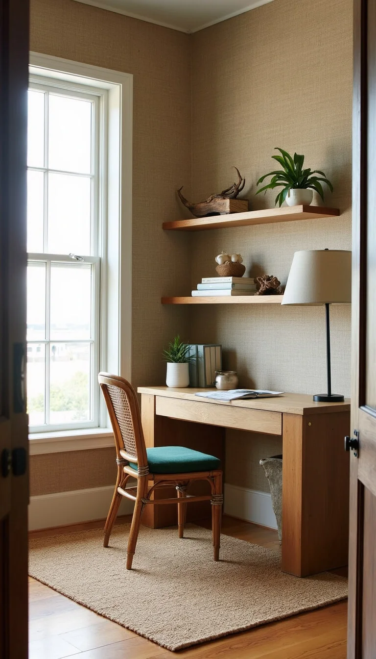 Coastal home office with weathered oak desk, rattan chair, grasscloth walls, and abundant natural light from tall corner windows.
