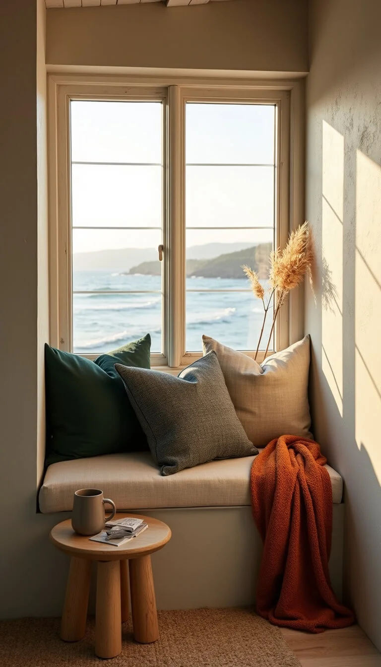 Cozy coastal window seat bathed in golden hour light with textured pillows, linen cushions, terracotta throw, and ocean views through a weathered white oak-framed window.