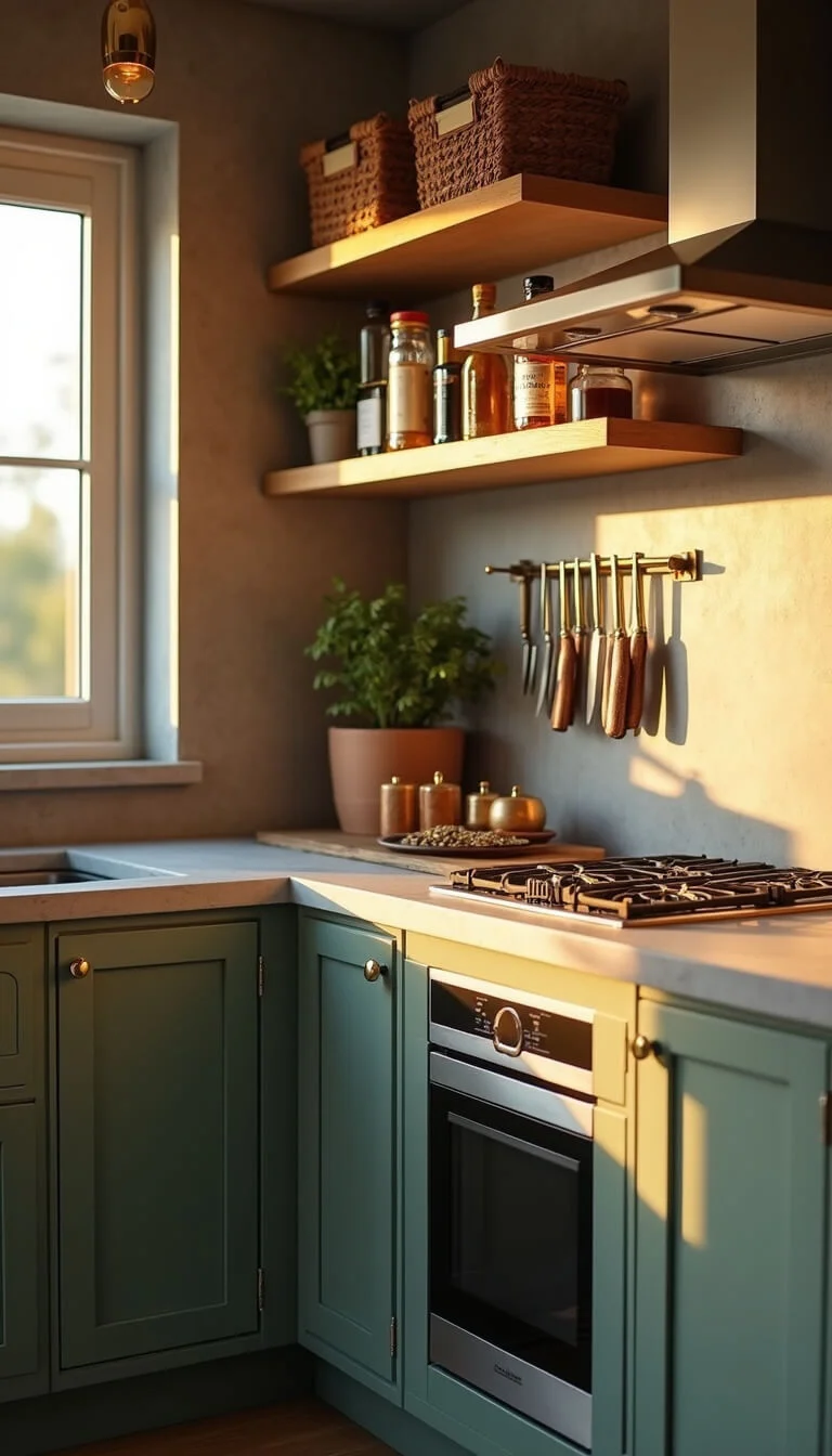 Close-up of L-shaped sage green kitchen corner at golden hour with pull-out spice organizer, concrete-look countertops, brass pendant lights, and wall-mounted knife strip.