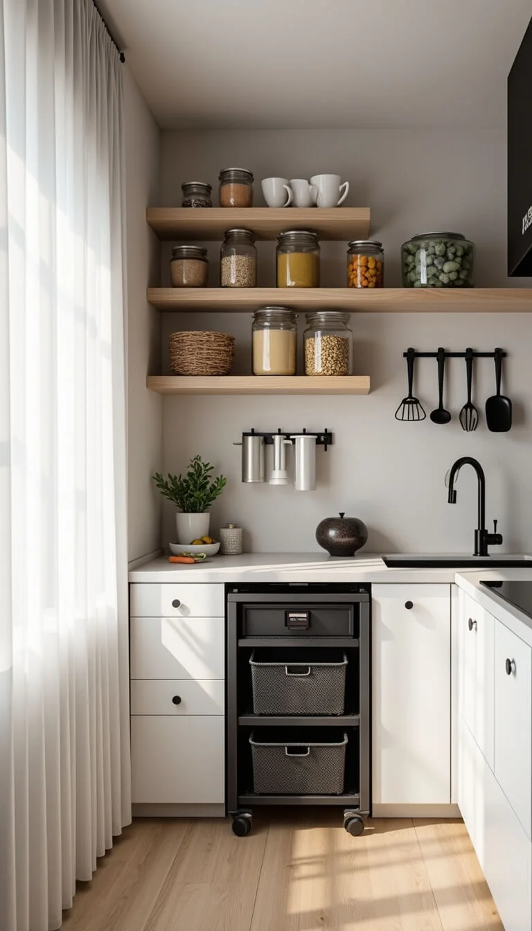Compact urban kitchen with white floor-to-ceiling cabinetry, floating wooden shelves, a rolling cart with mesh baskets, pegboard utensil wall, and soft afternoon light highlighting organized storage.