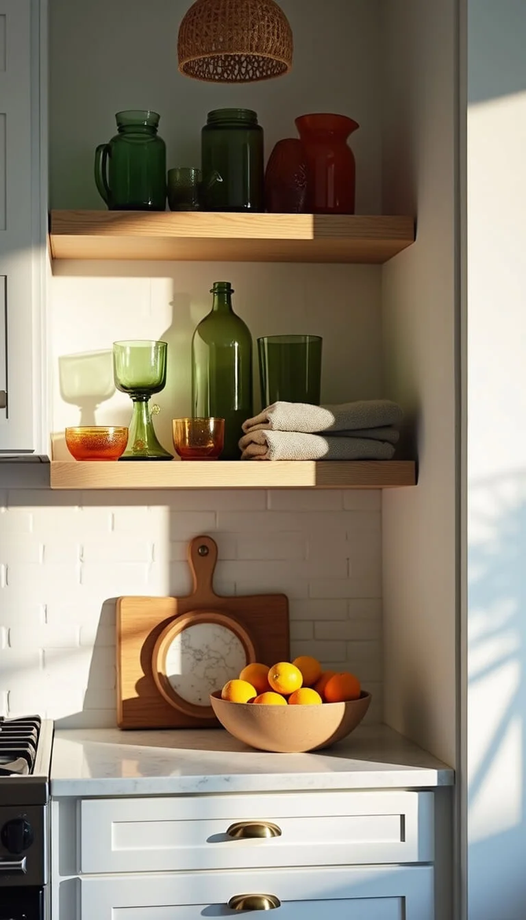 Close-up of a cozy kitchen corner with white shaker cabinets, brass hardware, rattan pendant, black faucet, and jewel-toned glass on oak shelves, warmly lit during blue hour.