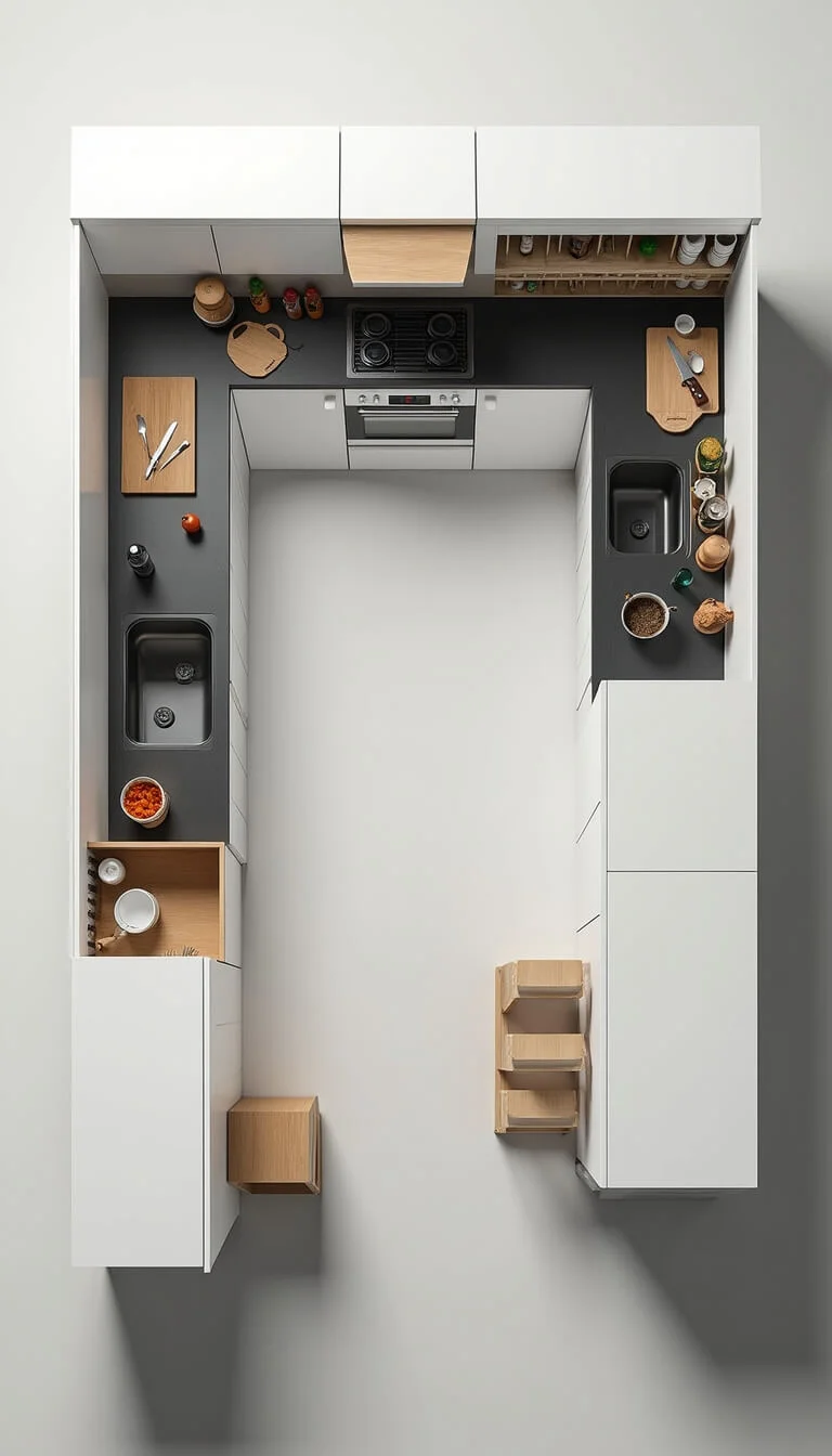 Bird's-eye view of a compact 8×8ft Scandinavian-style kitchen with distinct prep, cooking, and cleaning zones, black granite countertops, vertical storage, and a slim peninsula with two stools.