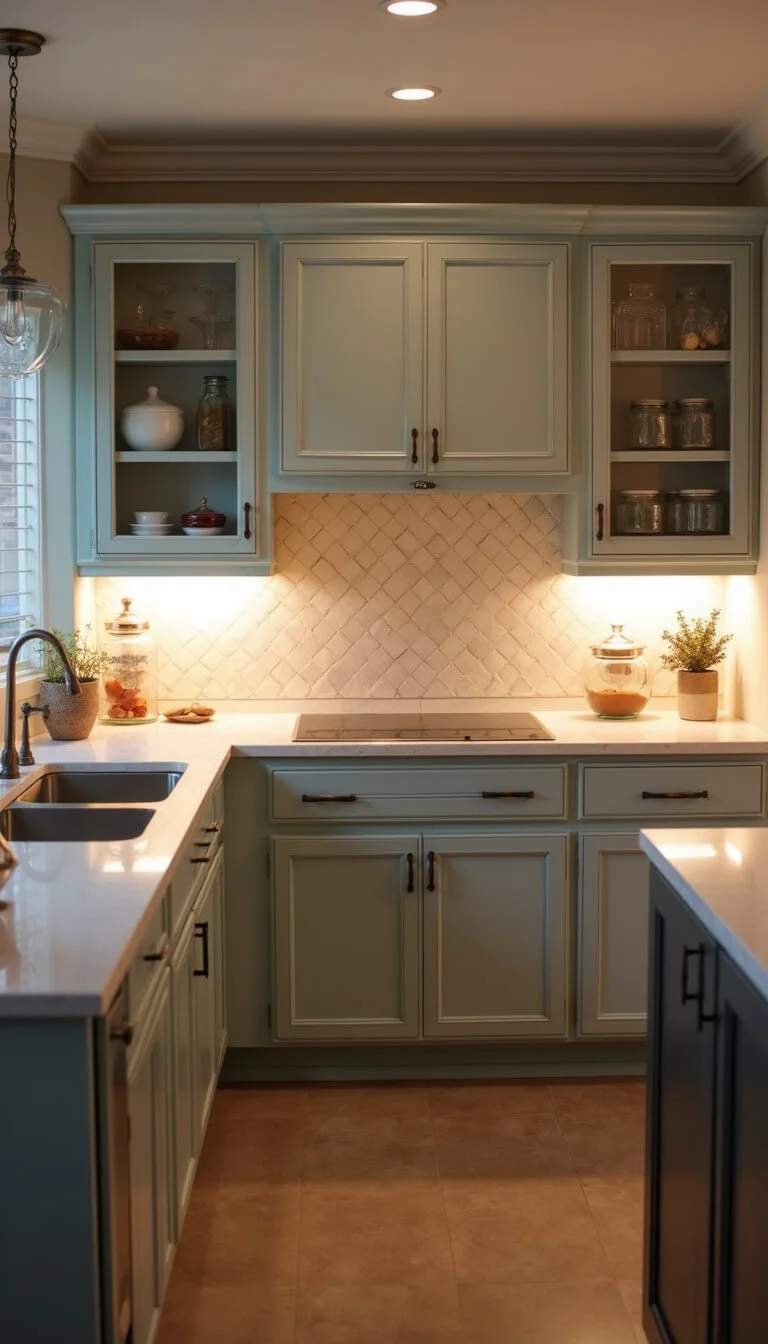 Three-zone kitchen renovation comparison at dusk showing budget, mid-range, and high-end updates side-by-side with warm under-cabinet lighting and copper accents.