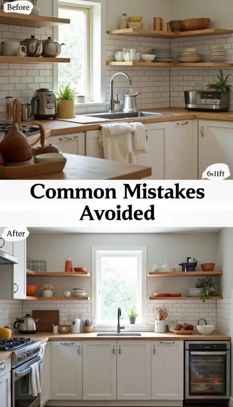 Split-screen image of a small 6×10ft kitchen before and after transformation, showing cluttered, overcrowded counters versus a neat, organized space with clear surfaces, curated shelving, smart storage, and natural morning light.