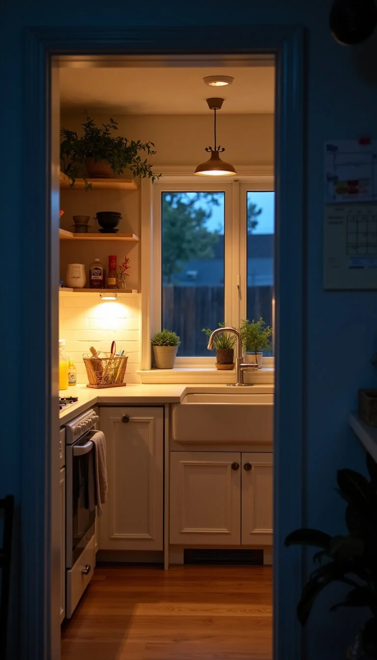 Cozy twilight view into a tidy, warmly lit 7×8ft kitchen with glowing surfaces, organized cabinets, and eco-friendly cleaning tools.