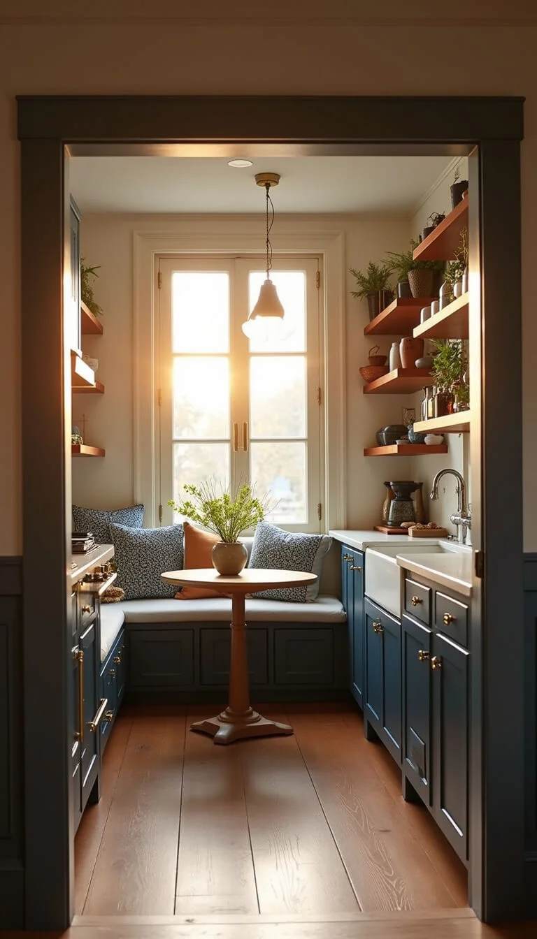 Small navy-blue kitchen bathed in golden morning light with brass accents, built-in breakfast nook, open shelving, living herb wall, and compact coffee station.