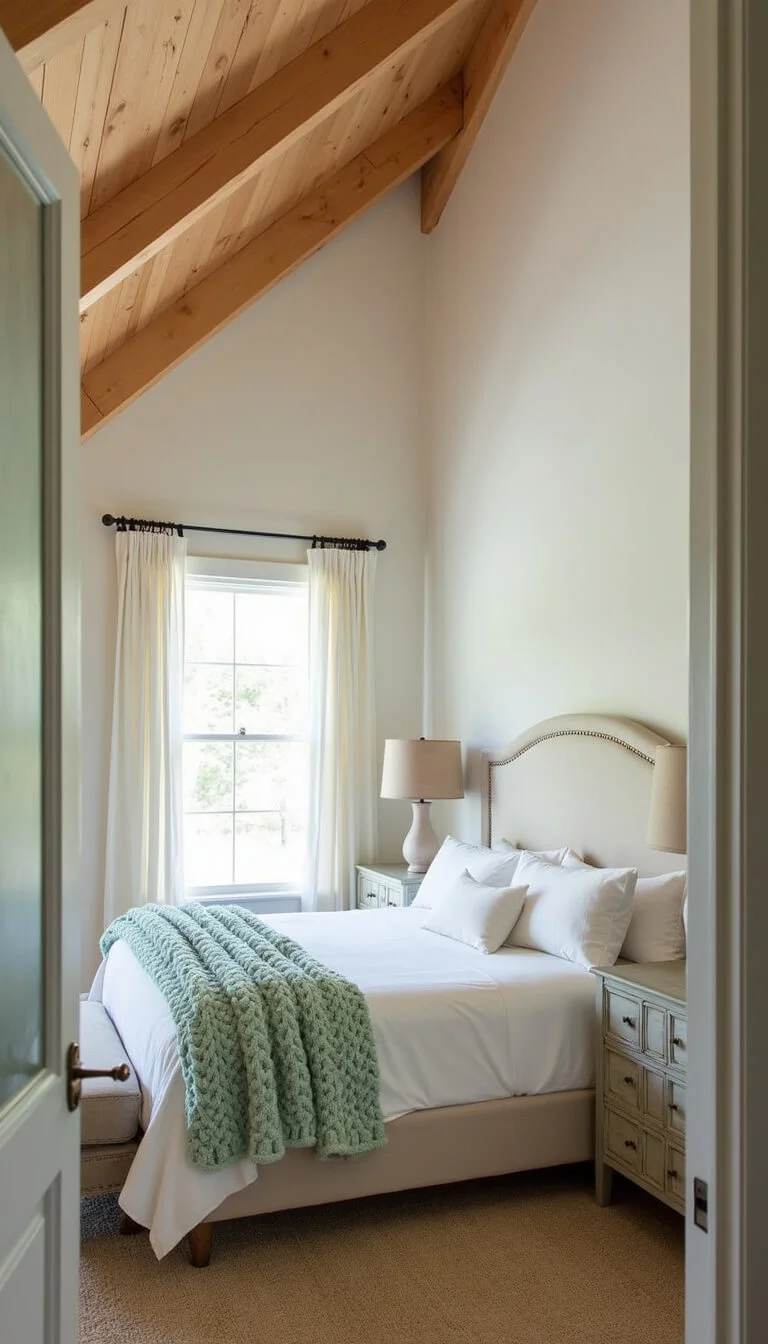Tranquil primary bedroom featuring vaulted ceilings, exposed wood beams, king-sized bed with white linens, seafoam green throw, and soft natural light filtering through sheer curtains.