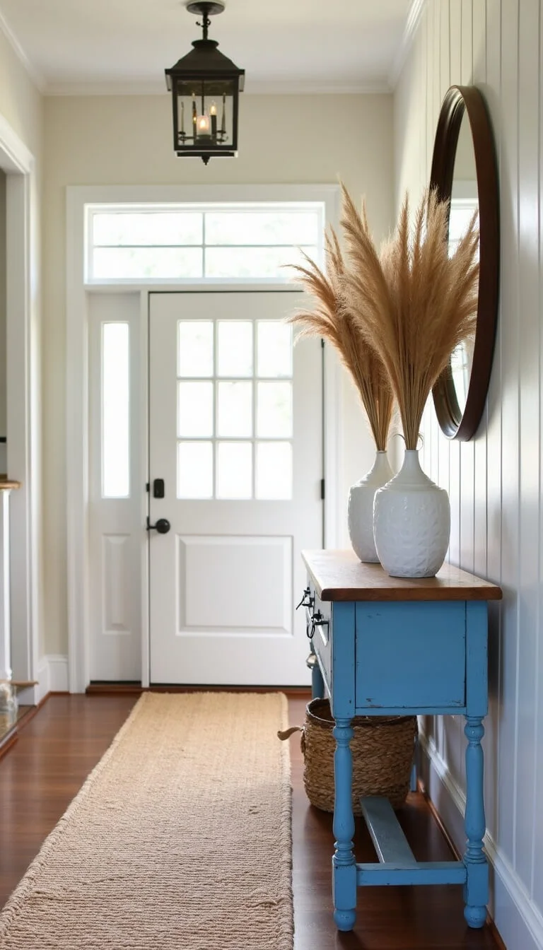 Inviting entryway with board and batten walls, Dutch door, vintage blue console table, pampas grass in ceramic vases, Capiz shell mirror, and sisal runner.