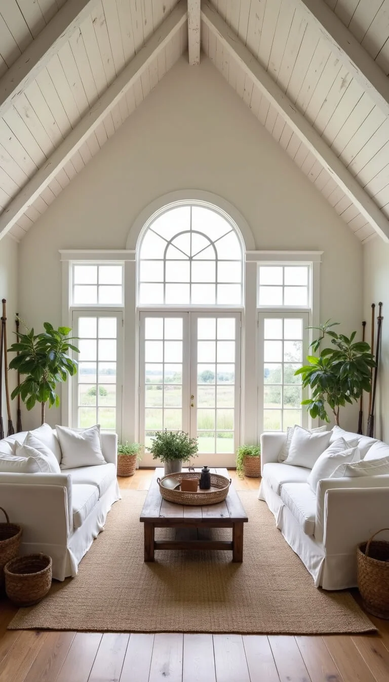 Spacious great room with cathedral ceiling, whitewashed wood beams, arched windows, white slipcovered sofas, weathered wood coffee table, vintage oars wall art, and sisal rug on bleached hardwood floors.