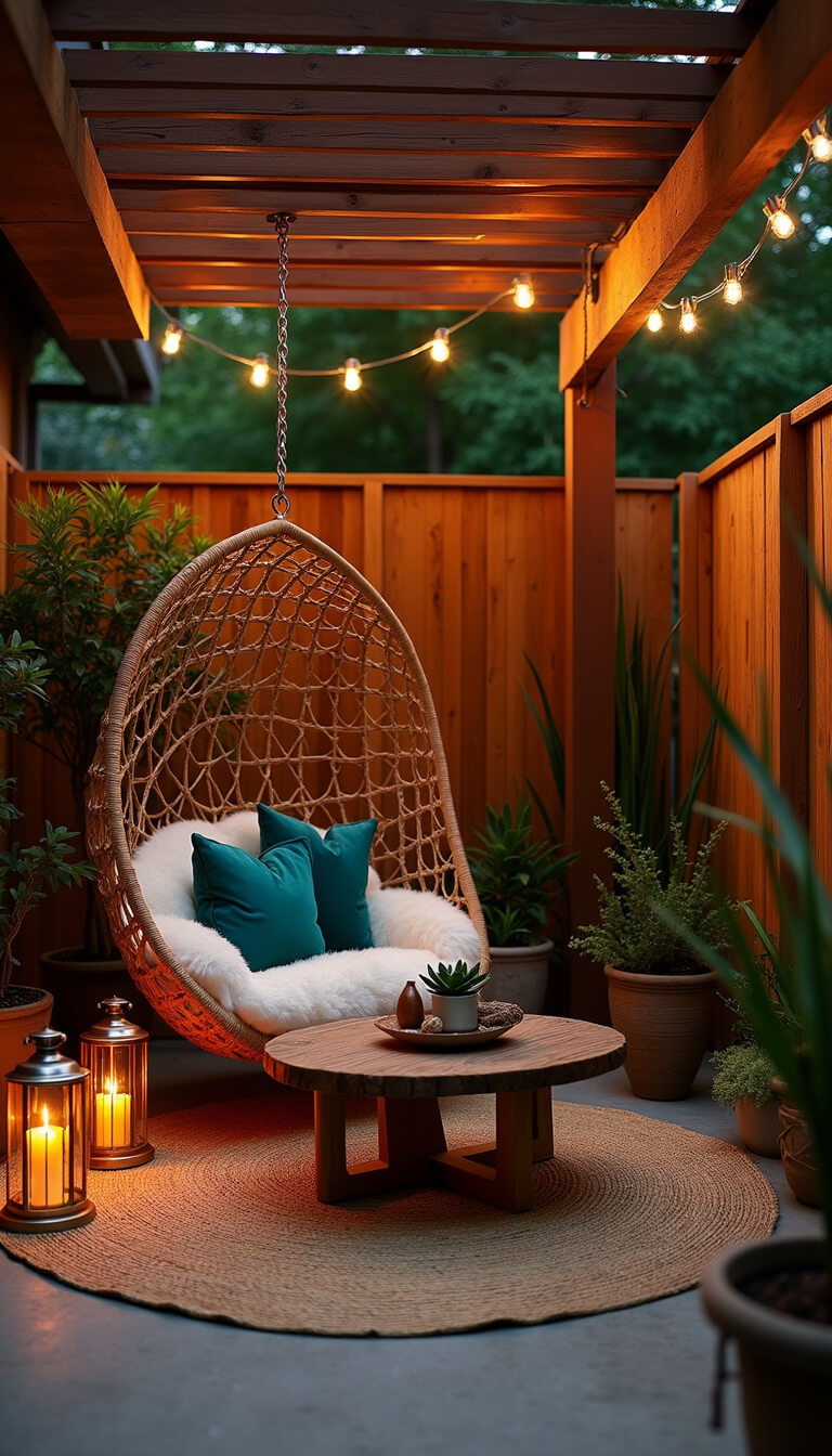 Inviting patio nook with rattan egg chair, soft lantern glow, rustic coffee table, and bamboo privacy screens.