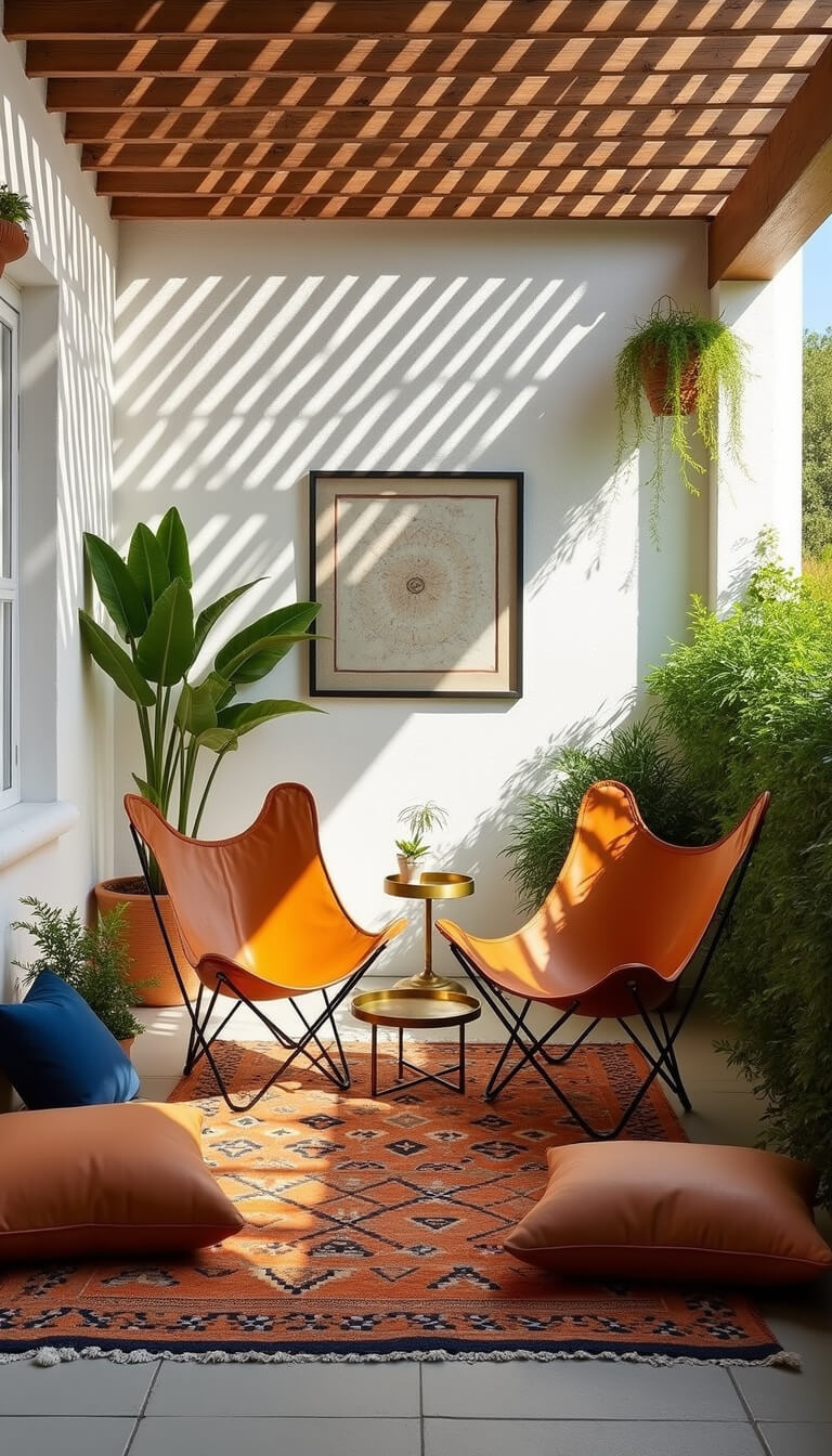 Sun-drenched patio corner with whitewashed stone walls, butterfly chairs, kilim rug, brass table, and lush plants.