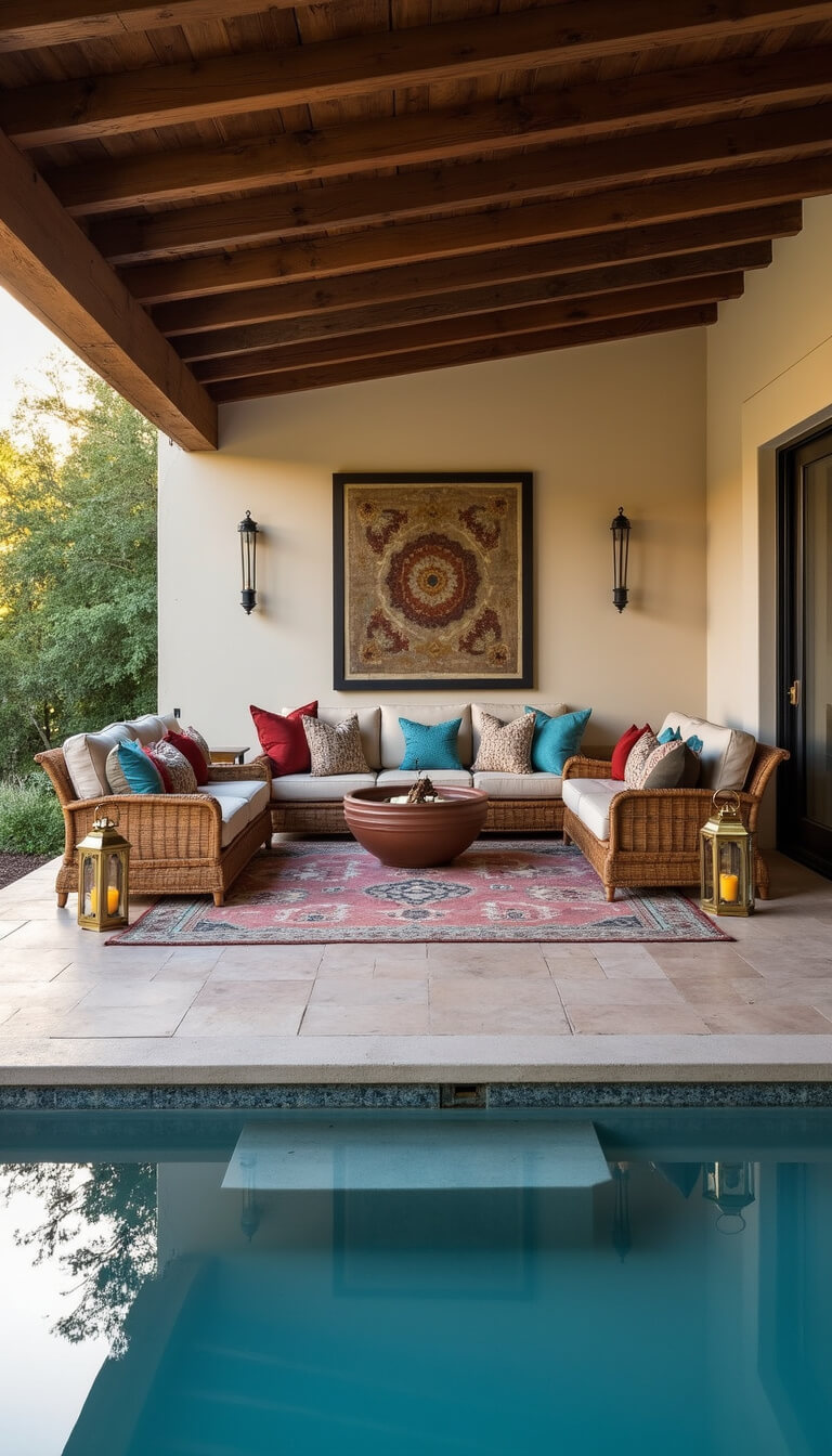 Poolside lounge with vintage rattan seats, mud cloth cushions, ceramic fire bowl, layered Turkish rugs, and afternoon sunlight reflections.