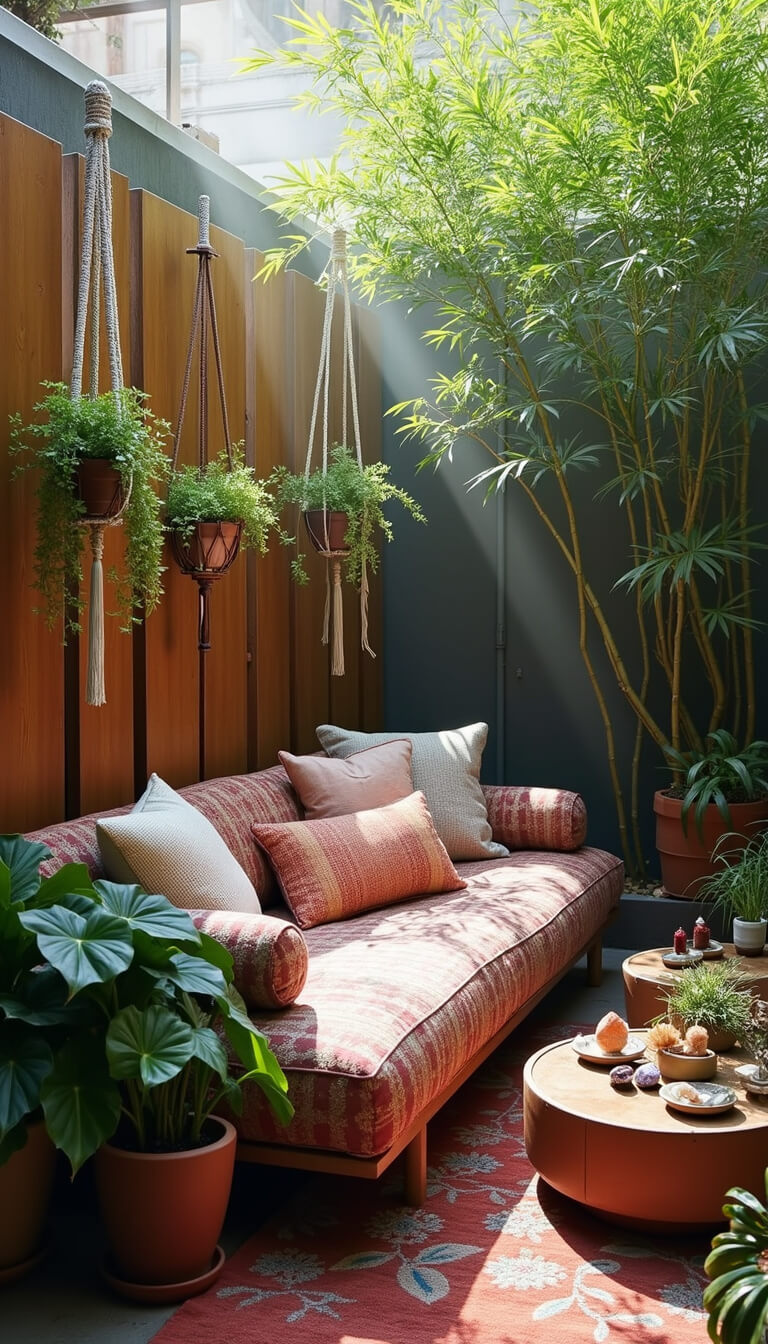 Cozy courtyard with timber screens, morning mist, bamboo pots, low daybed with patterned throws, Moroccan table with crystals and air plants, and hanging philodendrons.