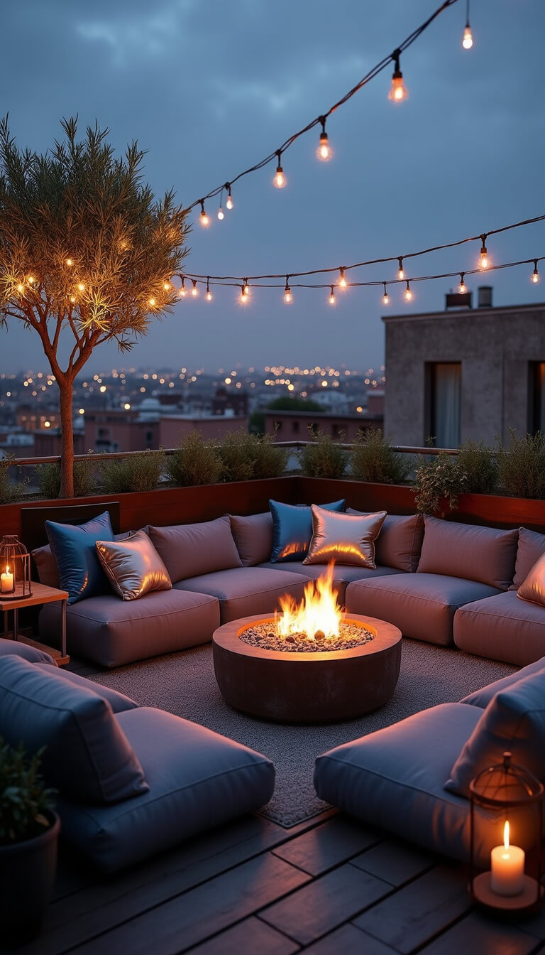 Bohemian rooftop deck at dusk with charcoal modular seating, central fire table, metallic floor cushions, potted olive trees, and city lights in the background.
