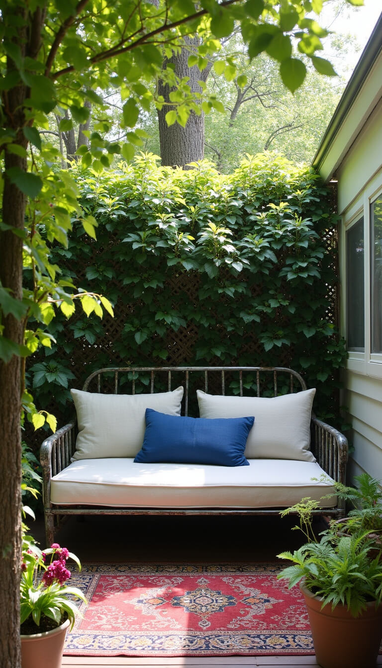 Secret garden patio with vintage iron daybed, indigo cushions, Persian rug, ceramic planters with ferns and orchids, surrounded by jasmine vines and dappled sunlight.