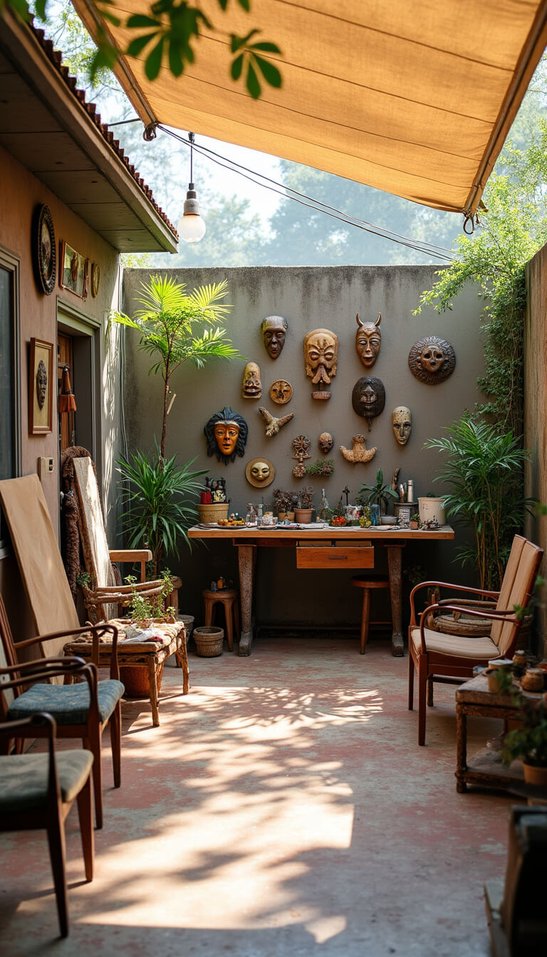 Artist's patio studio with painted concrete floor mural, vintage chairs around a low wood pallet table, gallery wall of masks, mirrors, hanging plants, and a drafting table bar with global artifacts.